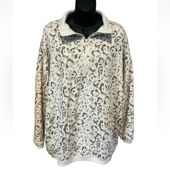 Aerie Good Vibes Oversized Leopard Quarter Zip Sweatshirt Womens MEDIUM Beige‎ - Picture 2 of 4